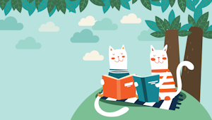 An illustration of two cats sitting under a tree reading books