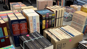 A photo of the books on display at a previous Friends book sale