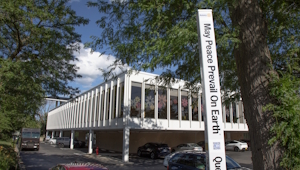 A peace pole installed outside Northbrook Public Library