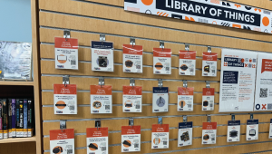 A photo of our Library of Things display in the lobby.