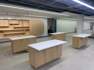 Photo of the new browsable collection and self-checkout machine tables