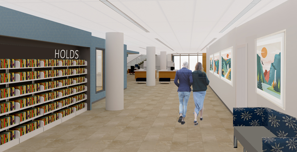 Rendering of the lobby and new Hold shelves