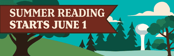 Summer Reading Starts June 1 outdoor illustration with trees and the Northbrook water tower