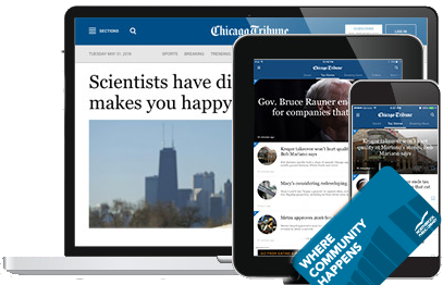 The Chicago Tribune digital on a laptop, phone, and computer