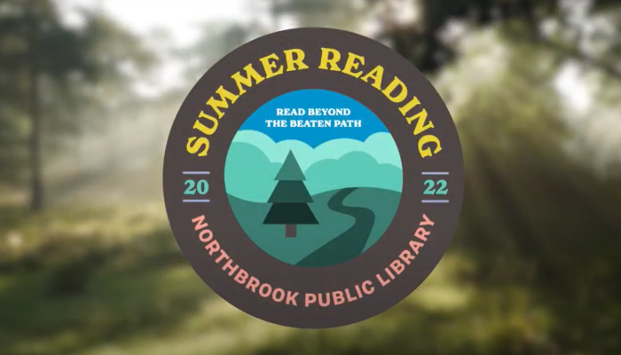 Photo of a forest scene with the Summer Reading badge logo