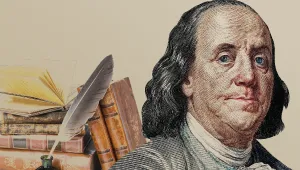 An illustration of Benjamin Franklin with some books behind him