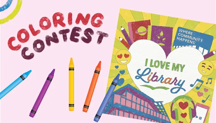 An illustration of crayons and a coloring page
