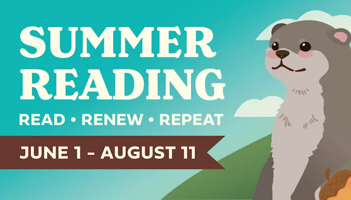 An illustration of a river otter with the words Summer Reading: Read Renew Repeat