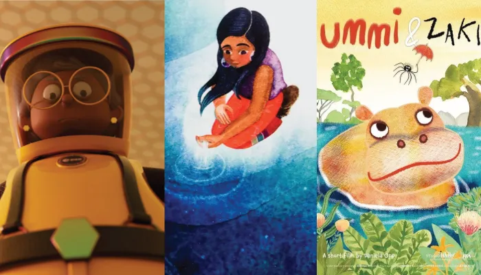 A person in a spacesuit, a girl in the water, and a hippo