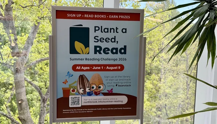 Our Summer Reading Poster in front of the library's window